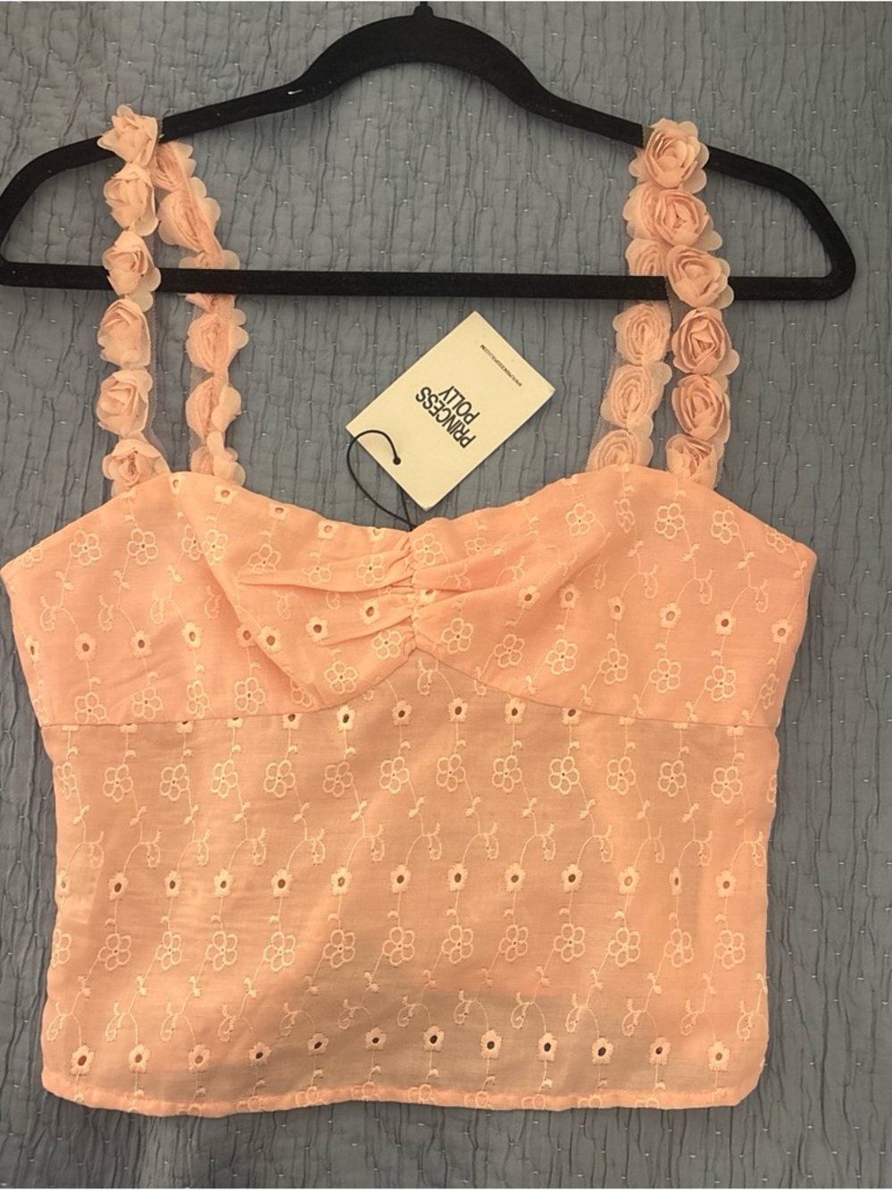 Princess Polly Peach Floral Eyelet Cropped Camisole with Rosette Straps